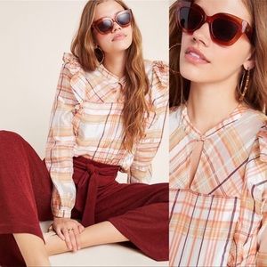 Anthropologie A+ Current Air Womens Plaid Ruffle button down long sleeve Blouse